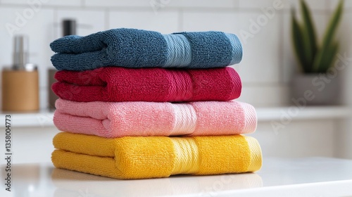 Freshly laundered clean towels stacked neatly a vibrant spa setting on a white countertop isolated on a white background