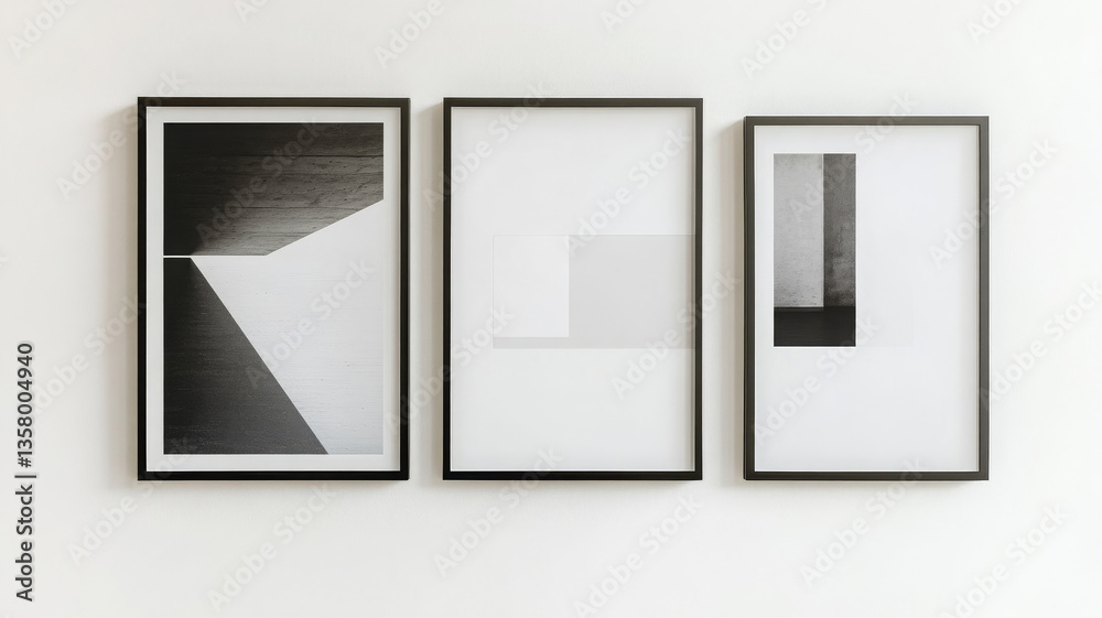 Three modern grid art layouts hang, showcasing simple geometric beauty Three modern grid art layouts hang, showcasing simple geometric beauty