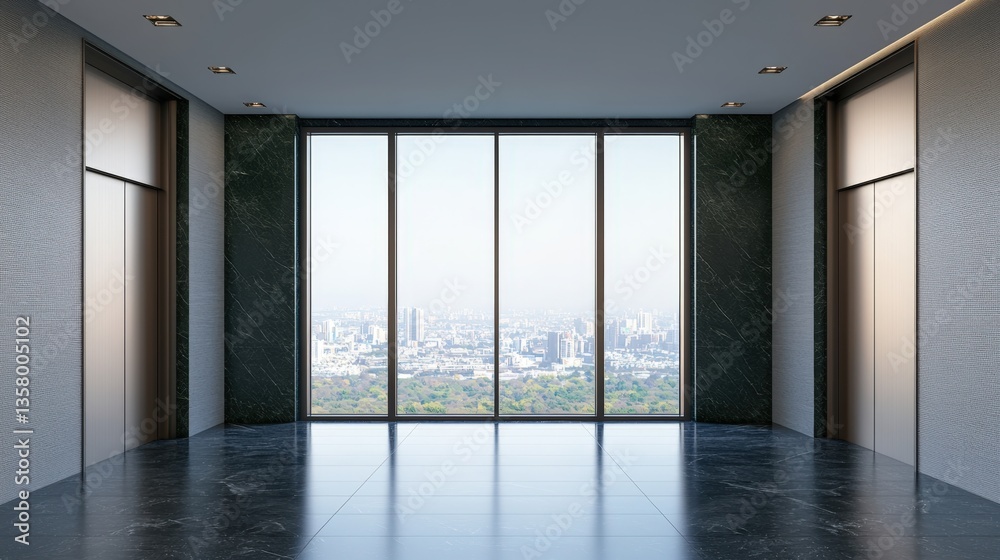 Fototapeta premium Luxury home minimalist and exclusive, A modern lobby showcasing large glass windows, sleek marble flooring, and stylish elevator doors, offering a panoramic view of the city skyline.