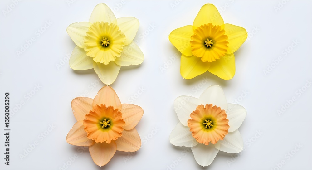 Fototapeta premium Four Bright Yellow Daffodils Arranged in a Row, Showcasing Their Vibrant Petals and Green Stems Against a Neutral Background