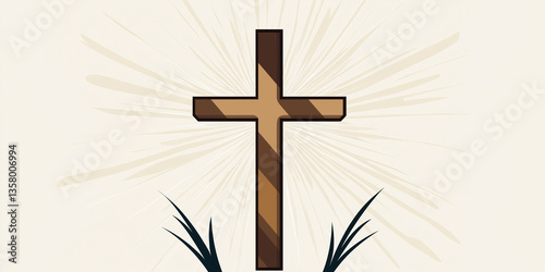 Christian cross with sunburst and grass illustrating faith and resurrection