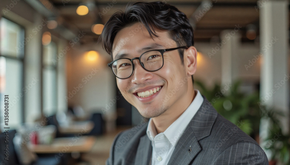 Portrait headshot photo of diverse friendly people: A smiling man wearing glasses and a suit stands in a modern office setting, looking towards the camera. Portrait headshot photo of diverse friendly people: A smiling man wearing glasses and a suit stands in a modern office setting, looking towards the camera.