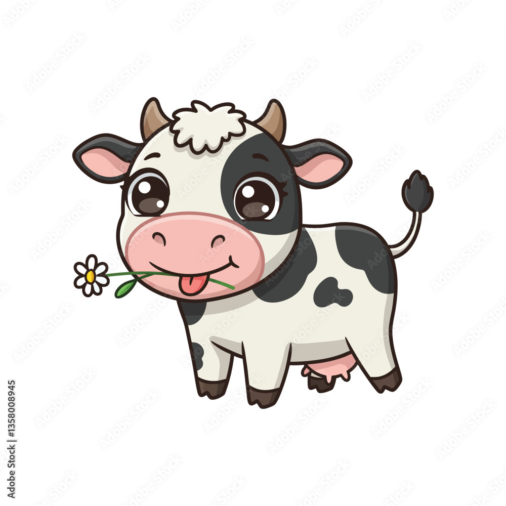 Fototapeta premium Adorable Cartoon Cow with Daisy Flower Illustration