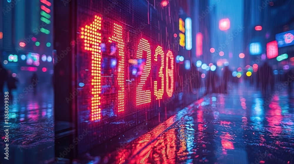 Obraz premium Rainy city night, vibrant LED display shows numbers reflecting on wet pavement