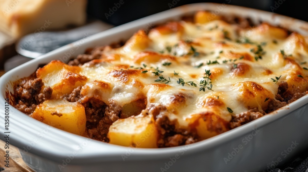 Savory hobo ground beef and potato casserole baked to perfection with melted cheese and fresh thyme Savory hobo ground beef and potato casserole baked to perfection with melted cheese and fresh thyme