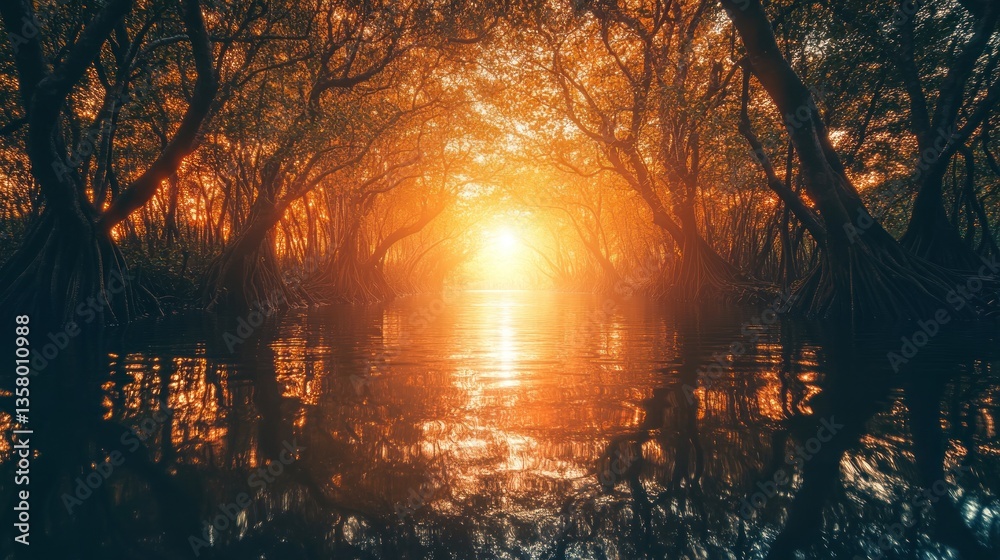 Golden Sunset Through Mangrove Tunnel Water Reflection Golden Sunset Through Mangrove Tunnel Water Reflection