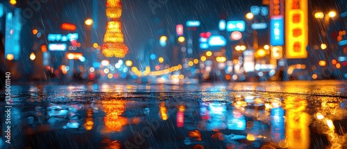 Wallpaper Mural Rainy night city street reflection in a puddle. Vibrant city lights blurred in the background Torontodigital.ca