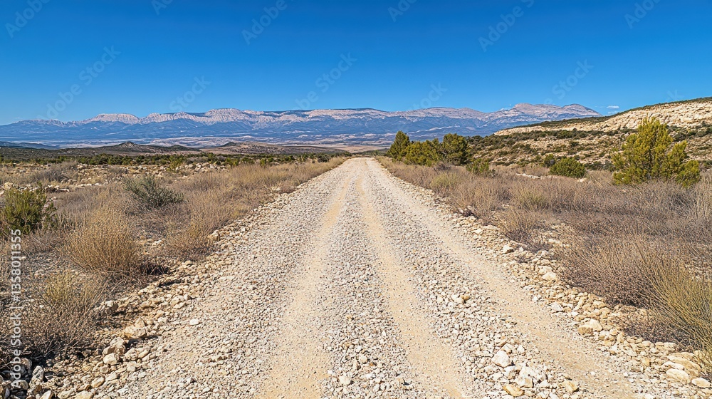 Gravel Road Leading to Distant Mountains Under a Blue Sky Gravel Road Leading to Distant Mountains Under a Blue Sky