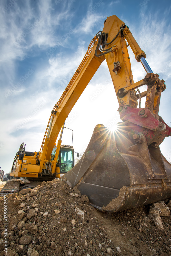 Crawler excavator during earthmoving works on construction site and sun rays