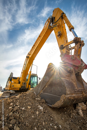 Obraz na płótnie Crawler excavator during earthmoving works on construction site and sun rays w salonie