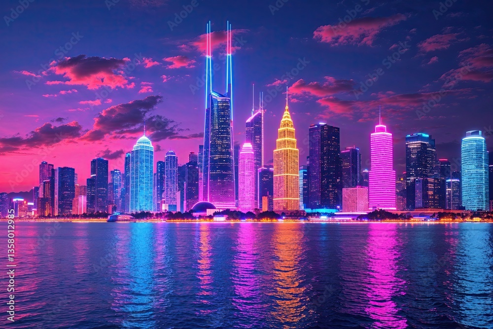Fototapeta premium Bright Neon City Landscape Background for Summer Home Decor