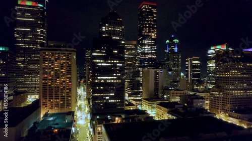 Rising Aerial of Seattle Buildings at Night in Holiday Season