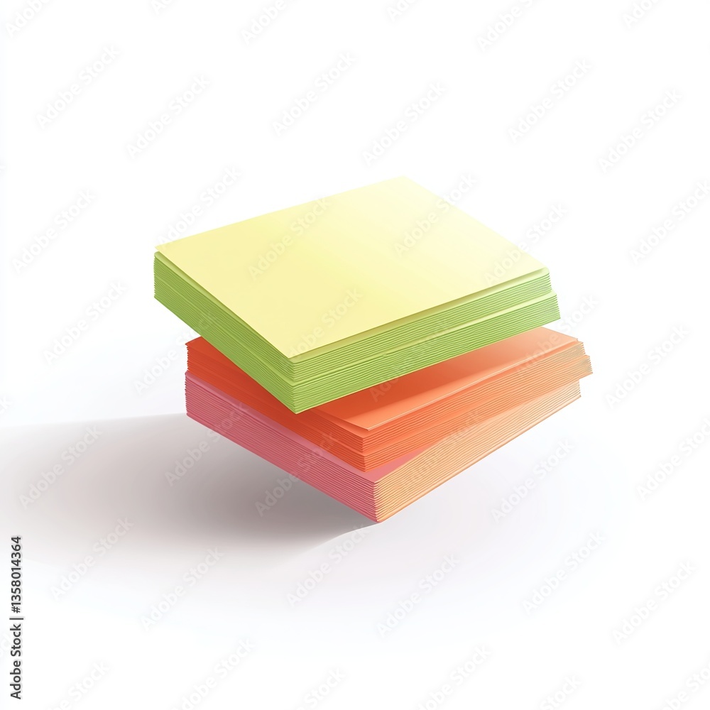 Floating stack of post it notes. Stack of multicolor sticky notes. Compact office stationery on white background. Floating stack of post it notes. Stack of multicolor sticky notes. Compact office stationery on white background.