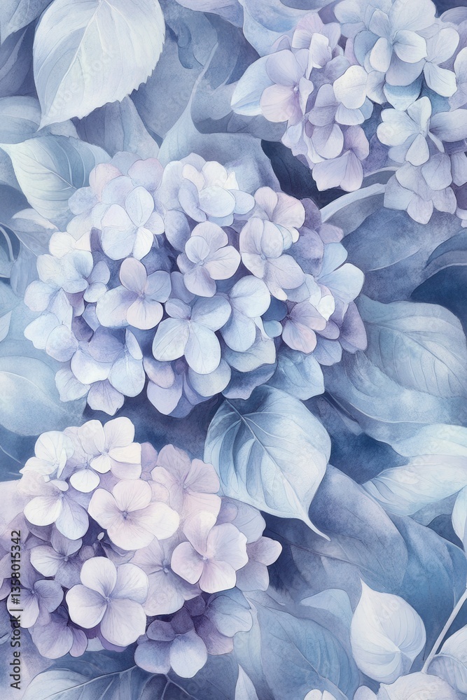 Obraz premium Hydrangea Symphony: A close-up, aesthetic image showcases the ethereal beauty of hydrangeas. Their delicate, soft petals and vibrant blue hues come to life.