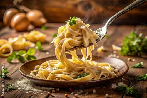 A fork lifting a swirl of creamy fettuccine pasta, with strands elegantly cascading down. The dish is rich and steaming, with Parmesan flakes falling gently. Warm, golden light enhances creamy texture