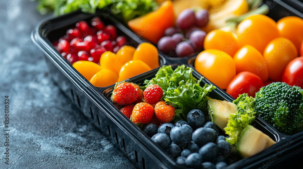 Fresh assorted fruits and vegetables in plastic container