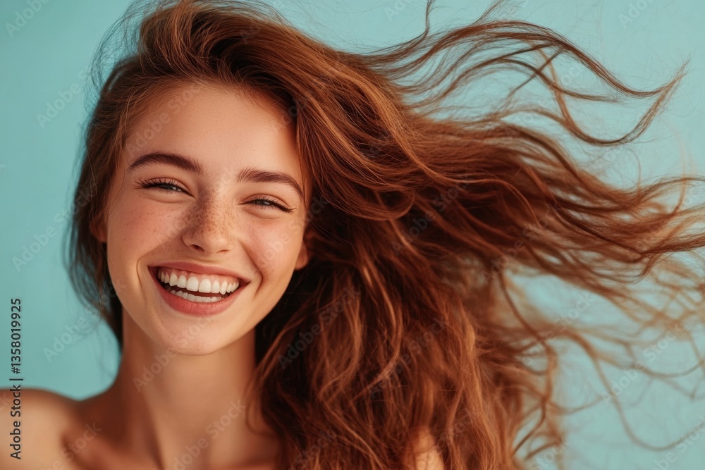 Fototapeta premium Cheerful woman with a bright smile, long hair, and natural freckles reflects happiness. Generated AI