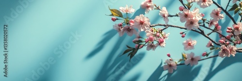 Delicate cherry blossom branch casting shadows against a pastel blue backdrop. Generated AI