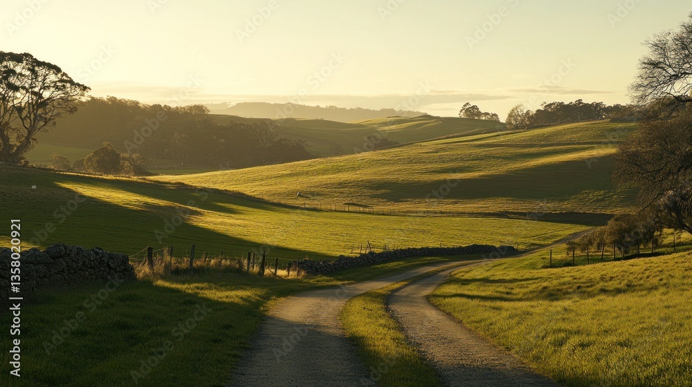 Naklejka premium Rolling Green Hills Countryside Road Sunset