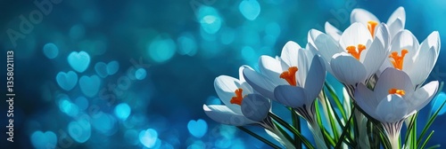 White blooming flowers with orange centers against a glowing teal background evoking serene beauty. Generated AI
