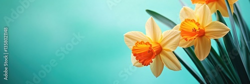 Yellow daffodil flowers beautifully captured with a soft green-blue toned background. Generated AI