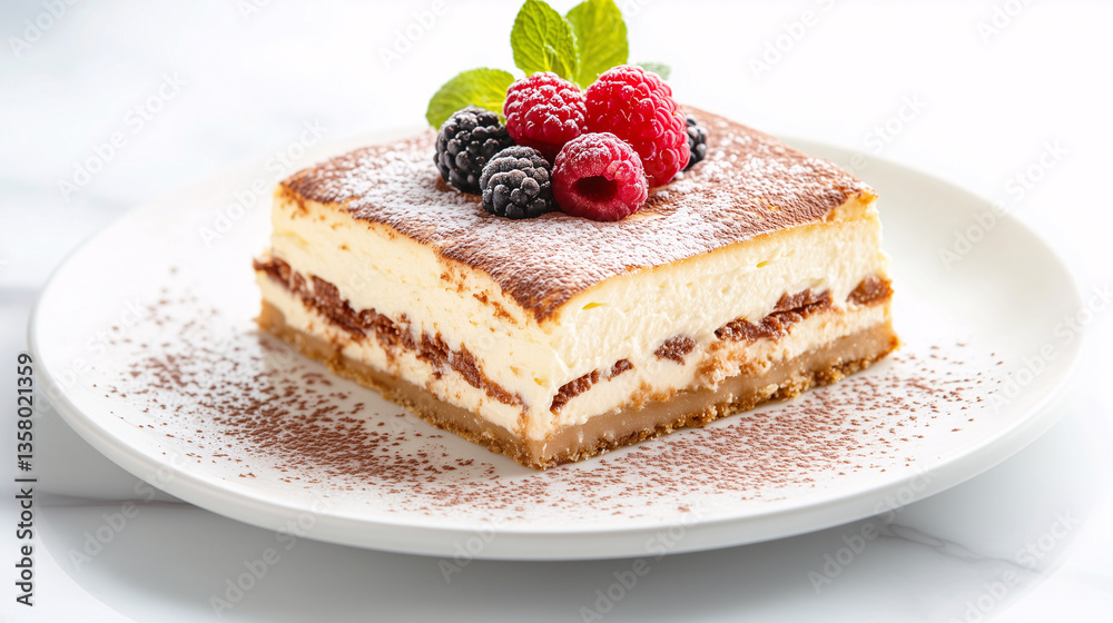 Delicious Cheesecake Dessert with Raspberries Blackberries and Cocoa Powder Delicious Cheesecake Dessert with Raspberries Blackberries and Cocoa Powder
