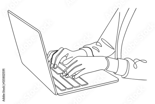 Hands Typing on Laptop Computer. Line Drawing Vector Art