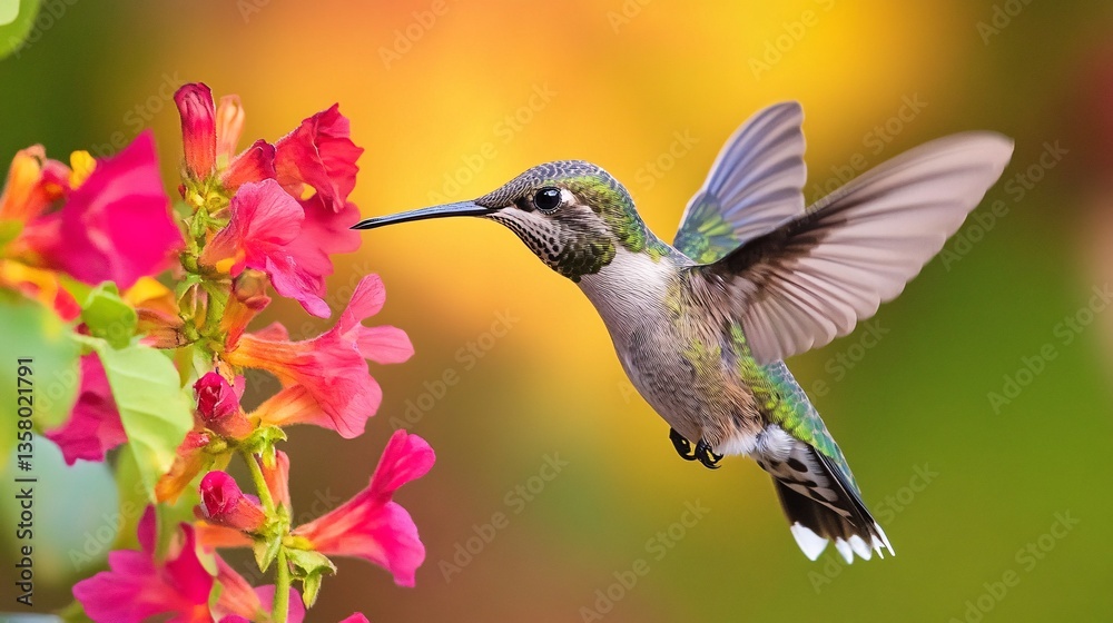 Fototapeta premium The Graceful Dance of a Hummingbird Hovering by Lush Flowers