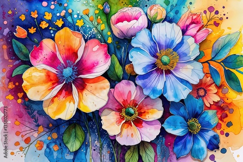 Vibrant Floral Watercolor Mixed Media Art with Colorful Textures and Bright Backgrounds