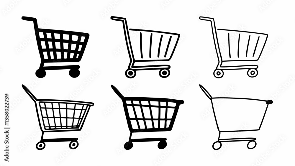 Collection of six hand drawn shopping carts in various styles isolated on a white background imagecreated with generative AI Collection of six hand drawn shopping carts in various styles isolated on a white background imagecreated with generative AI