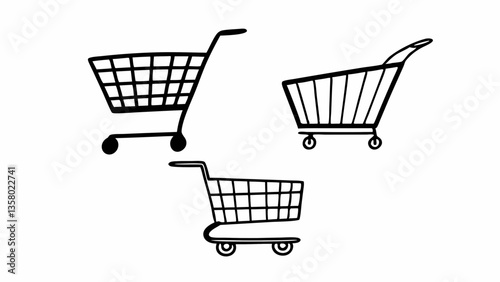 Three shopping carts in different styles are displayed in a black outline on a white background designcreated with generative AI