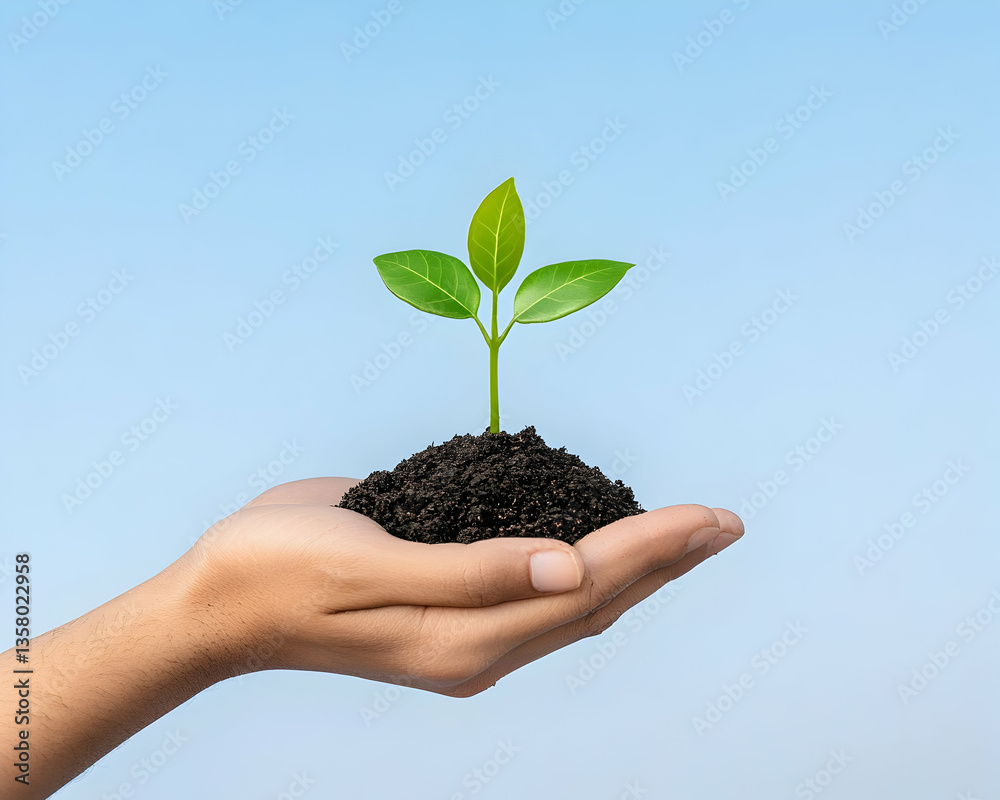 Hand holding a small plant sprout emerging from dark soil against a light blue background Hand holding a small plant sprout emerging from dark soil against a light blue background