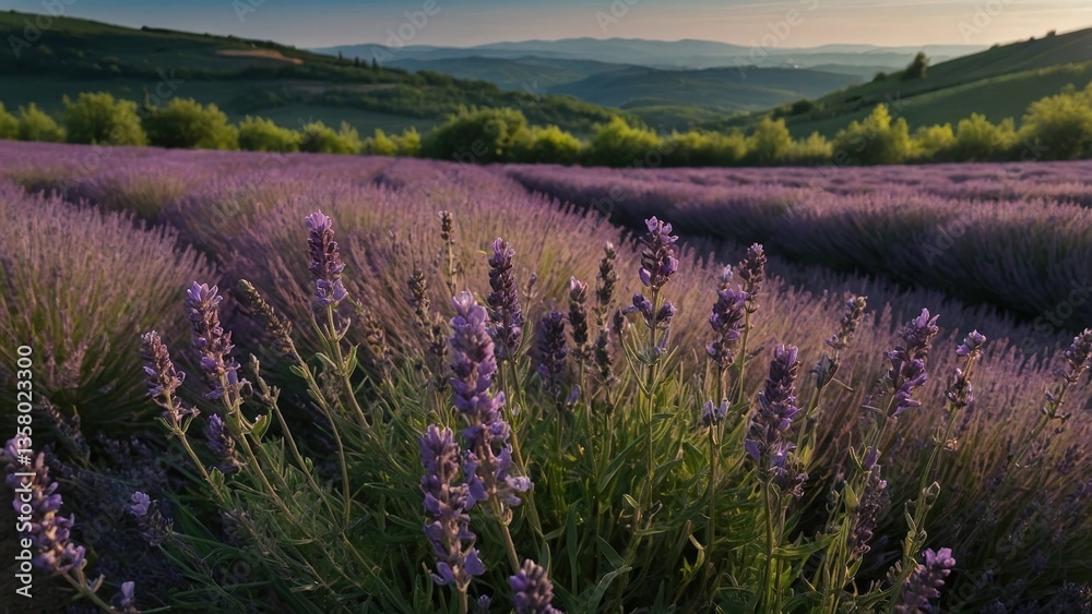 Obraz premium Blooming lavender fields in the hills during spring sunset