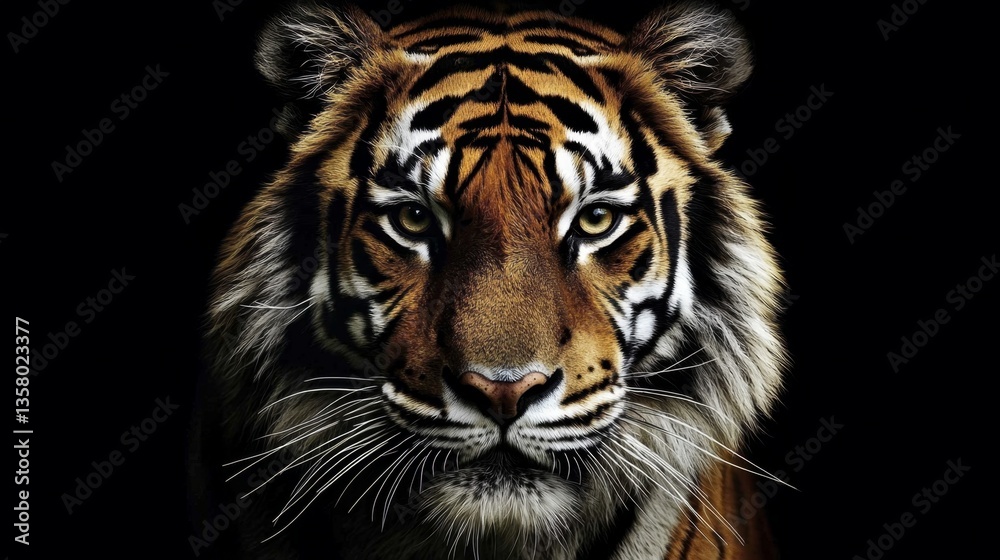 Vivid Tiger Face Highlighted by a Black Canvas Vivid Tiger Face Highlighted by a Black Canvas