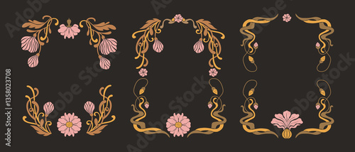 Art Nouveau Frame Ornament Set Vintage Floral Flower Antique Motif Boho Bohemian Ethnic Collection