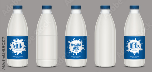 Vector milk labels with milk splashes. Plastic milk bottles with labels and unlabeled