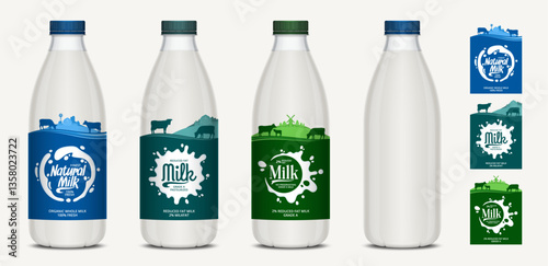 Vector milk labels with farm, cows and calves. Milk plastic bottles with labels