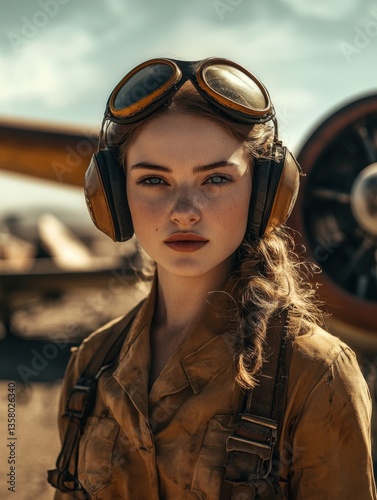 Vintage Aviator Woman Striking a Pose Amidst Classic Aviation Backdrop Capturing the Spirit of Early Flight in a Sunny Sky Generative AI
