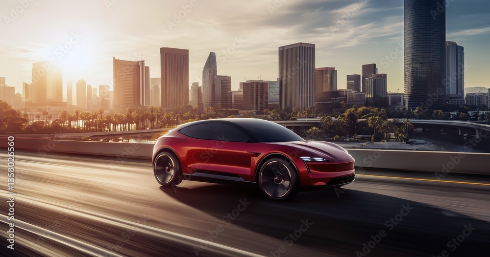 Naklejka premium Un véhicule concept-car roulant sur l'autoroute, avec vue sur une ville avec grattes-ciels en arrière-plan.