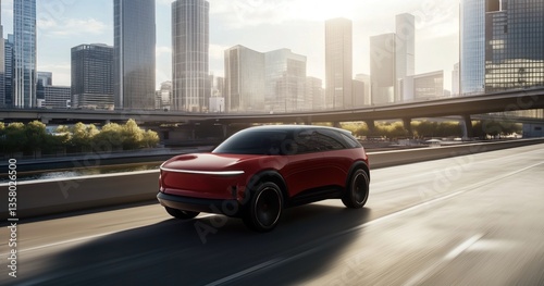 Un concept-car circulant sur l'autoroute devant de grands immeubles, avec vue sur une ville en arrière-plan.