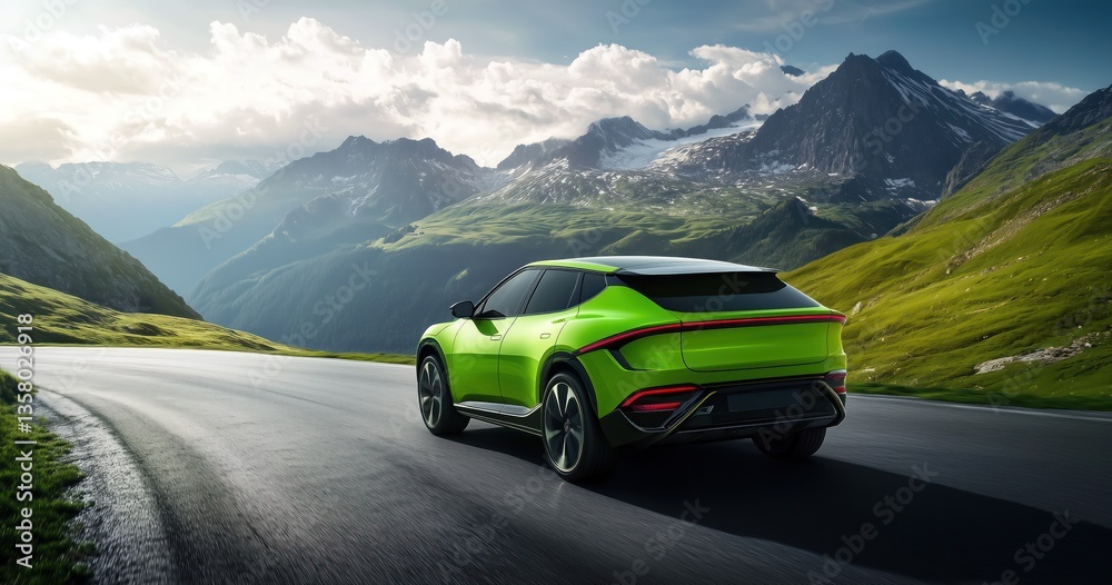 Fototapeta premium Un véhicule électrique vert éclatant, vue de dos roulant sur une route avec des montagnes en arrière-plan, éclairage naturel, concept pour une publicité du secteur automobile.
