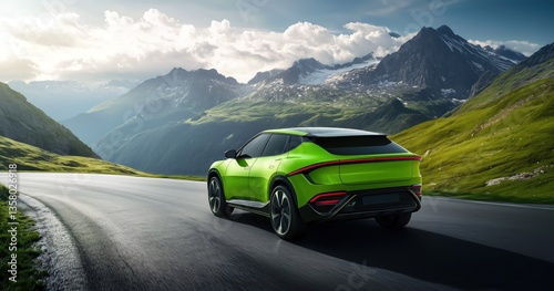 Un véhicule électrique vert éclatant, vue de dos roulant sur une route avec des montagnes en arrière-plan, éclairage naturel, concept pour une publicité du secteur automobile.