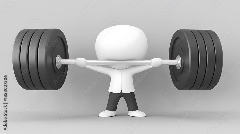 A white figure is lifting a heavy barbell overhead effortlessly A white figure is lifting a heavy barbell overhead effortlessly