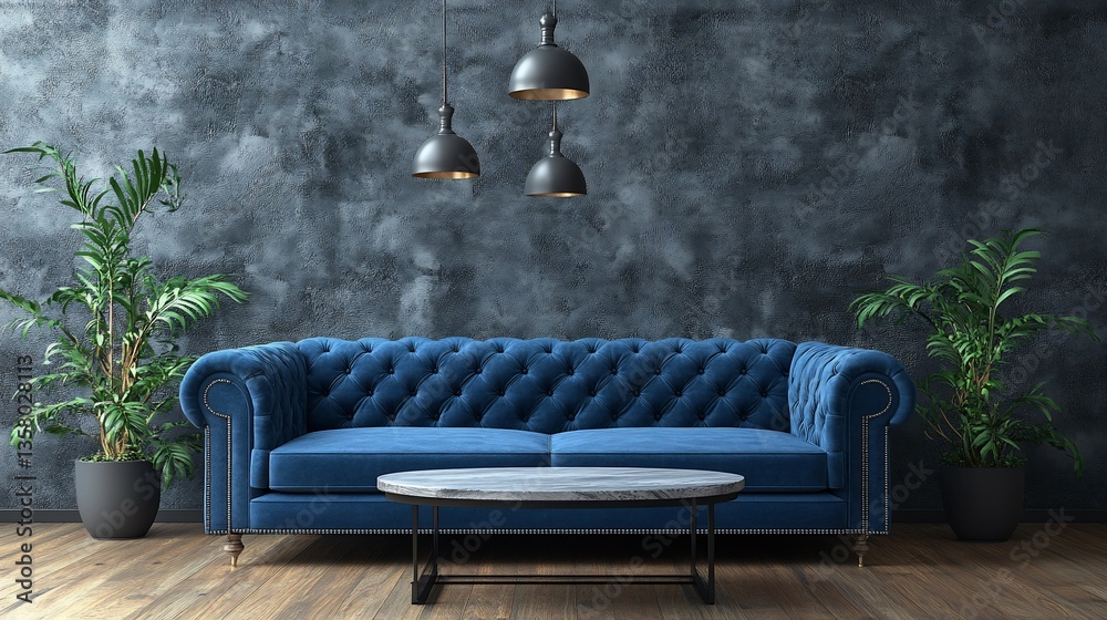 Obraz premium Modern, stylish living room with deep blue tufted sofa, marble coffee table, and plants