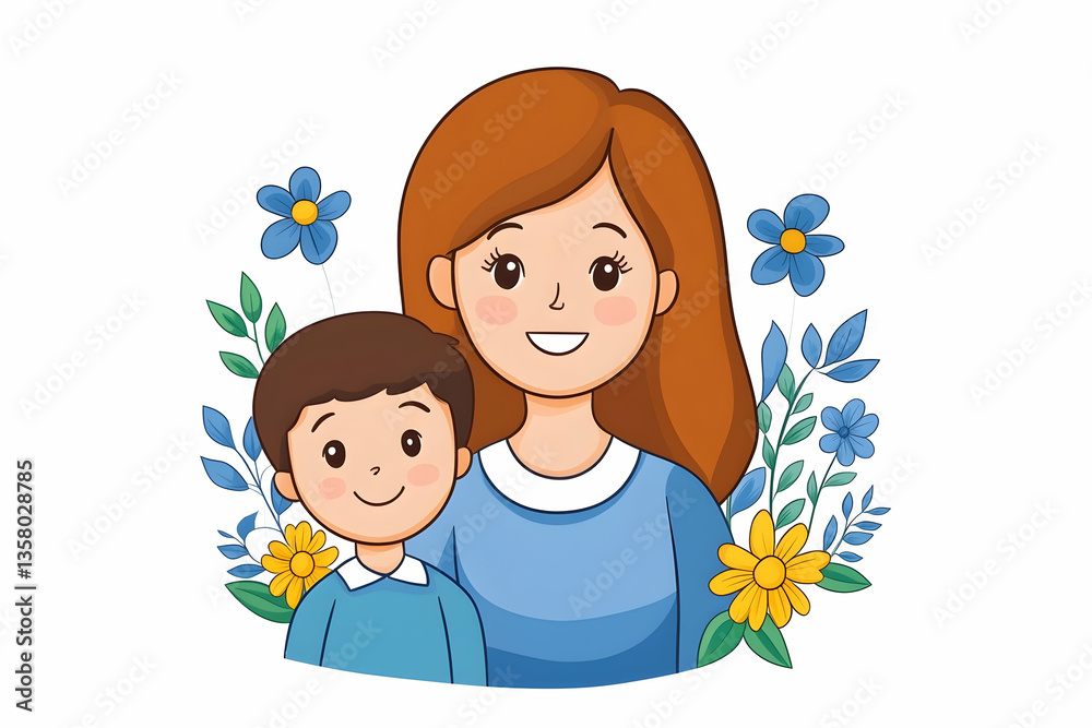 Happy mother and son portrait with floral frame Happy mother and son portrait with floral frame