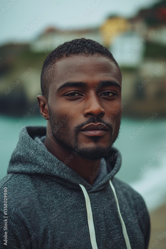 Fototapeta premium Portrait of a serious man wearing a hoodie near a scenic waterfront