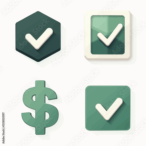 Grüne Icons, Häkchen, Dollarzeichen, Bestätigung

