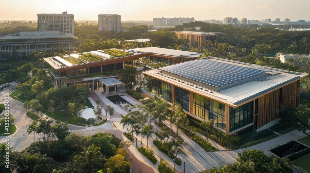 Obraz premium Modern Green Building Complex With Solar Panels