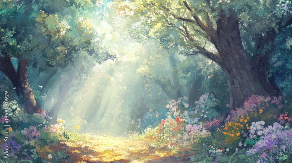 Fototapeta premium Sunlit Path Through A Magical Forest Garden
