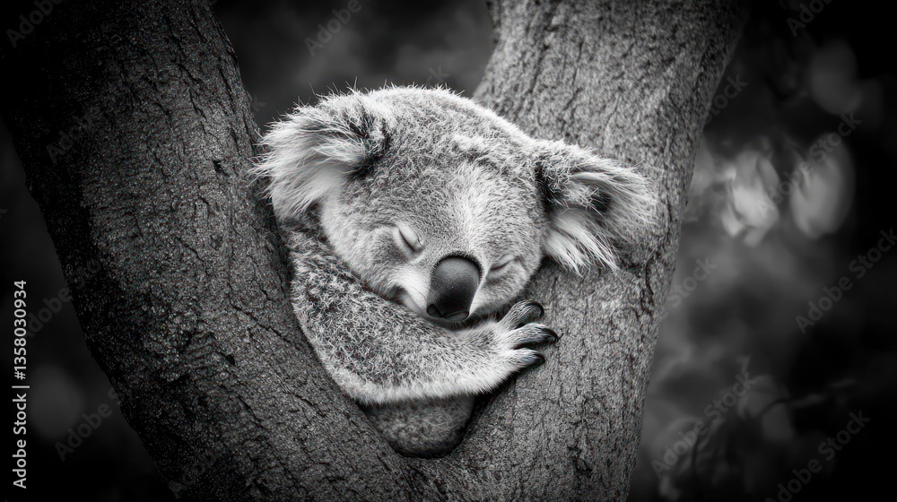 Naklejka premium Koala Sleeping Soundly In A Tree Trunk